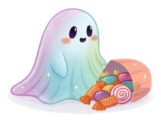 Pastel ghost peeking from behind candy, transparent background