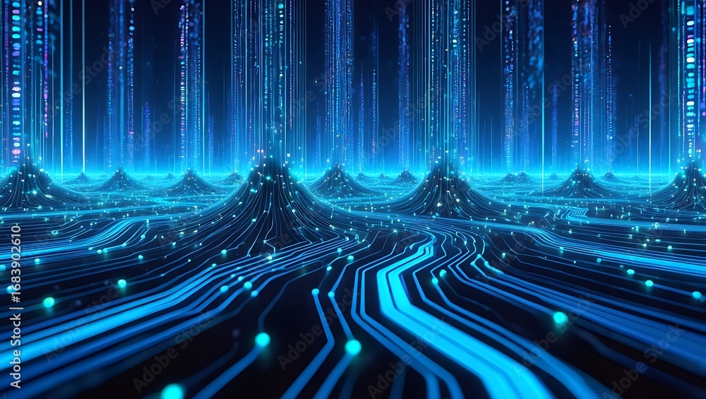 Poster vast digital landscape of glowing circuits and data streams flowing through futuristic terrain