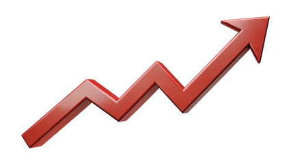 Red upward trending arrow graph isolated on transparent background