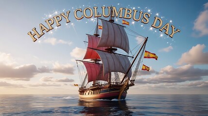A vintage caravel sails on the ocean during happy columbus day celebration