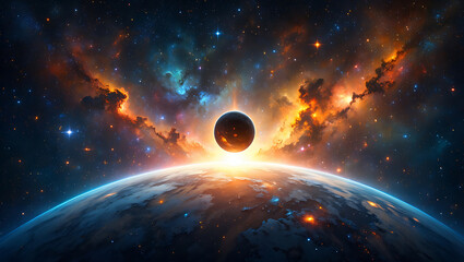 Obraz premium A celestial event as a dark planet rises over earth, illuminated by a vibrant nebula and distant stars