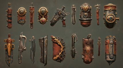 Steampunk weapons and gear arranged in rows, on gray backgrnd