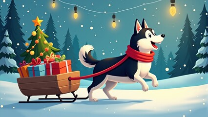 Joyful husky pulling sled with gifts and decorated tree in snowy forest, festive holiday postcard for seasonal greetings or celebration promotions