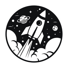 Monochrome Rocket Ship Soaring Through Space with Stars and Planets