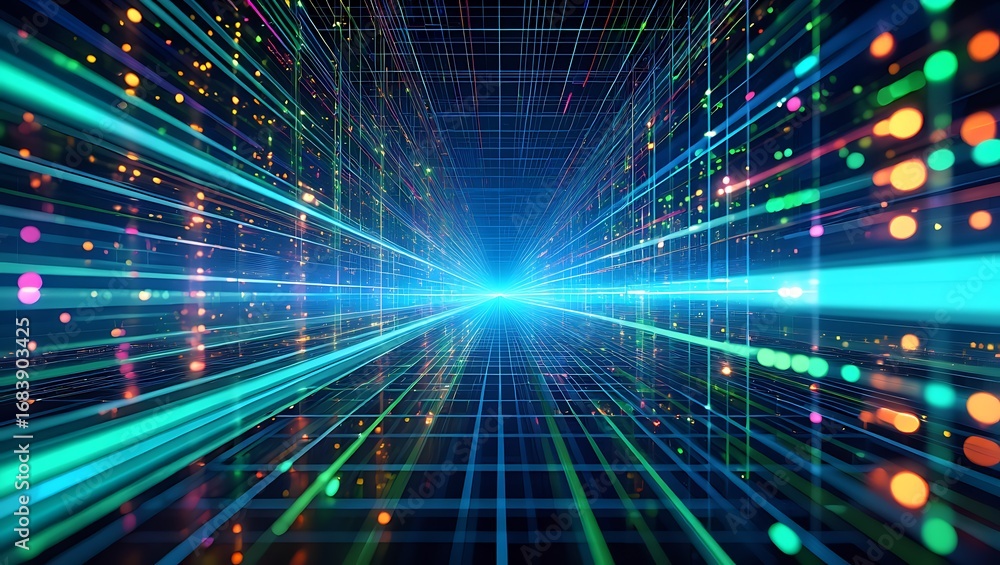 Aufkleber abstract digital data tunnel with streaking lights and glowing particles representing technology and