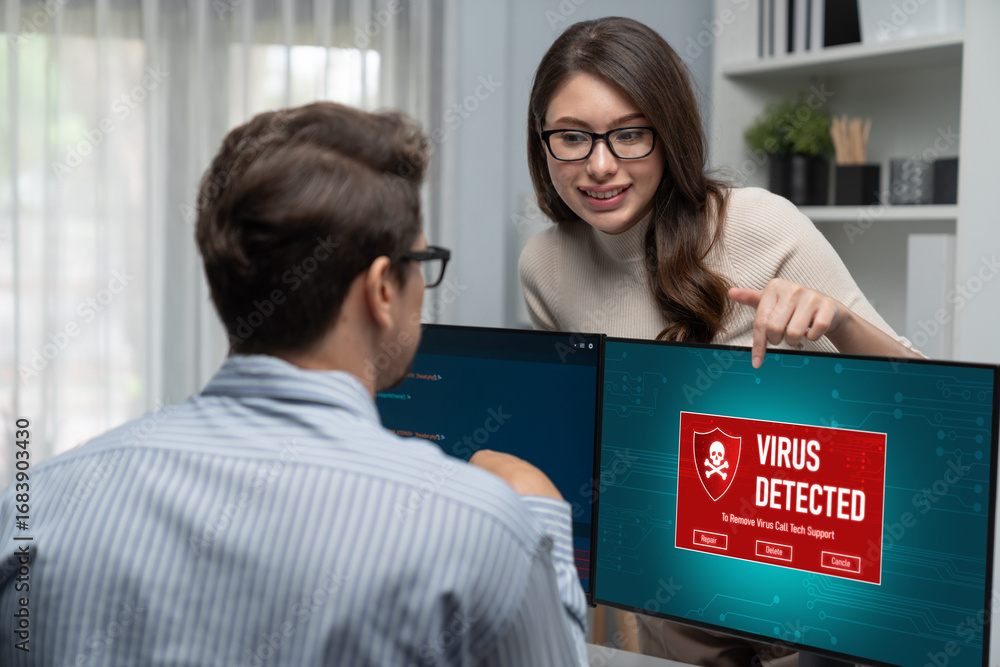 Poster virus warning alert on computer screen detected brisk cyber threat , hacker, computer virus and malw