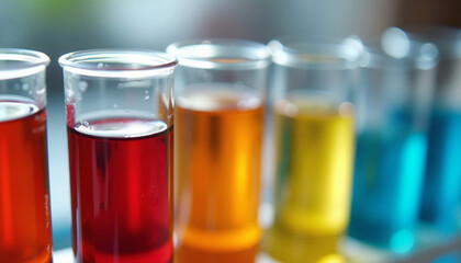 Science kids in laboratory tubes filled with colorful liquids demonstrate scientific experiments and chemical reactions. Bright science kids show science experiment result for educational use.