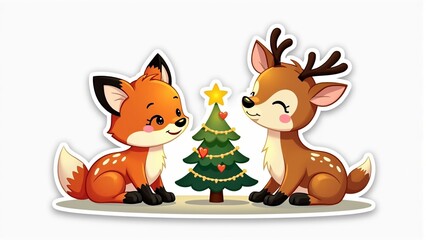 Sticker illustration of chubby fox cub and gentle fawn sitting beside glowing Christmas tree, cheerful winter scene for festive cards or children's products
