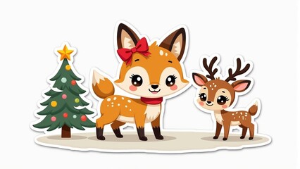 Sticker illustration of a cheerful fox cub with a festive red bow and smiling fawn next to a tiny Christmas tree, celebrating holiday joy for festive card designs.