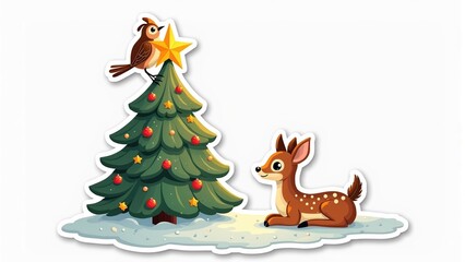 Sticker illustration of a chubby robin perched on a glowing star atop a decorated Christmas tree with a curious fawn beside it in the snow, evoking festive joy and holiday spirit.