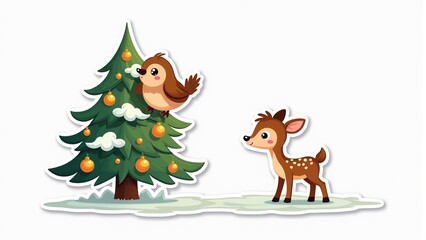 Sticker illustration of a cheerful robin with blushing cheeks sitting on a snowy fir tree decorated with golden ornaments, alongside a smiling fawn, celebrating winter joy.
