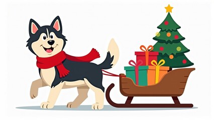 Fototapeta premium Sticker illustration of a cheerful fluffy husky in a red scarf pulling a sled with colorful gifts and a tiny Christmas tree, festive holiday design for greeting cards or seasonal promotions