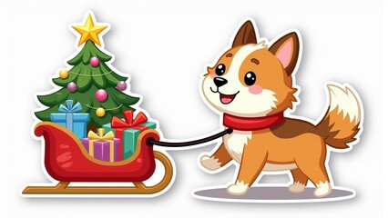 Sticker illustration of fluffy shepherd dog joyfully dragging sled with colorful gifts and tiny fir tree, festive holiday scene for greeting cards and children's books.