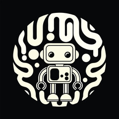 Retro Robot Emblem with Abstract Circular Pattern Science T-shirt Design