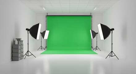Fototapeta premium Professional Photography Studio Setup with Green Screen and Lighting Equipment