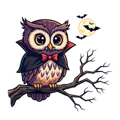 Adorable Halloween owl sitting on spooky tree branch with bats and full moon cartoon illustration