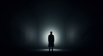 Obraz premium Mysterious figure stands illuminated in a spotlight surrounded by atmospheric haze and brick wall