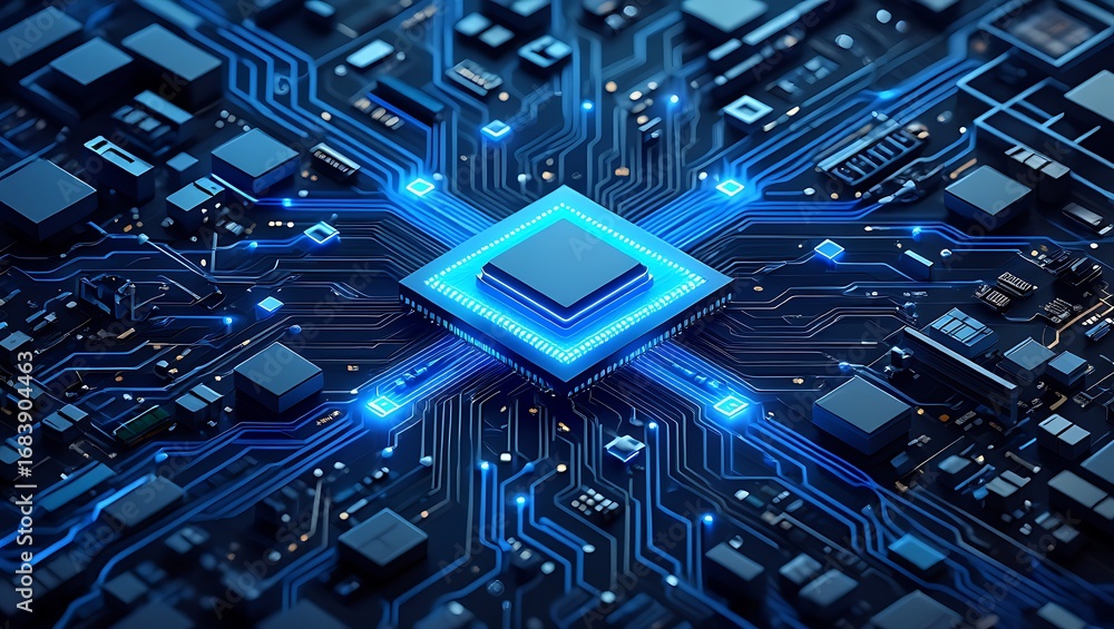 Poster advanced microprocessor architecture with glowing blue neural network connections