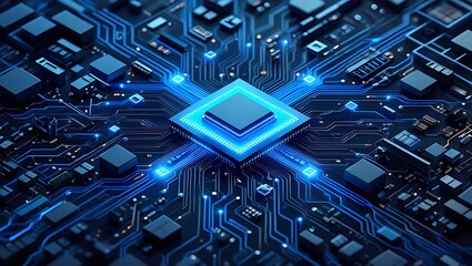 Advanced Microprocessor Architecture with Glowing Blue Neural Network Connections