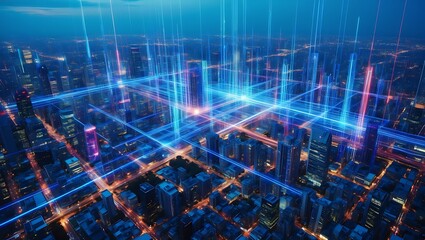 Fototapeta premium Futuristic Cityscape Illuminated by Digital Network Connections and Data Flow