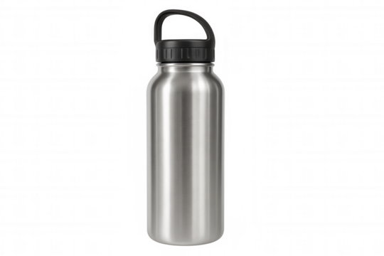 Studio shot of a reusable stainless steel water bottle with black cap and handle, isolated on transparent background