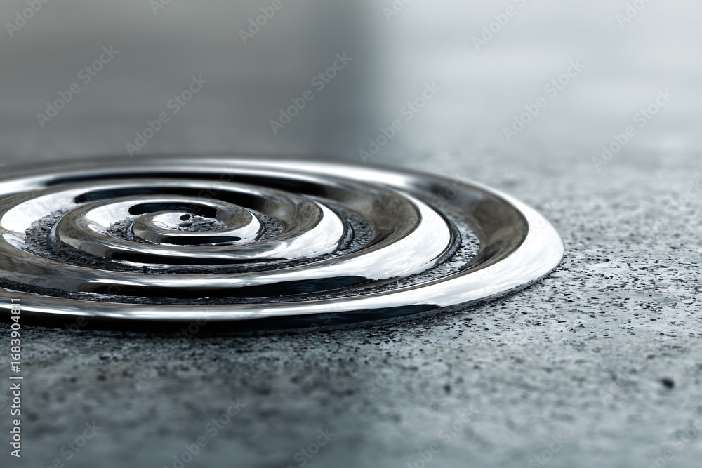 Poster closeup of a metallic coaster with concentric circles on a textured surface, highlighting the reflec