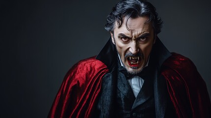 Man Dressed as Vampire in Tailored Black Suit with Cape for Dark Gothic Halloween Theme