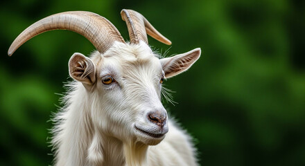 Fototapeta premium White goat portrait close up with horns farm animal domestic mammal livestock animal headshot photography