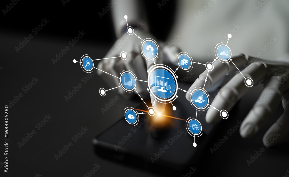 Aufkleber a person interacts with a smartphone while various digital visualizations and icons representing dat