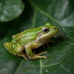 Obraz premium A vibrant green frog perched on a fresh leaf, surrounded by natural light, showcasing smooth skin, alert eyes, and lush habitat
