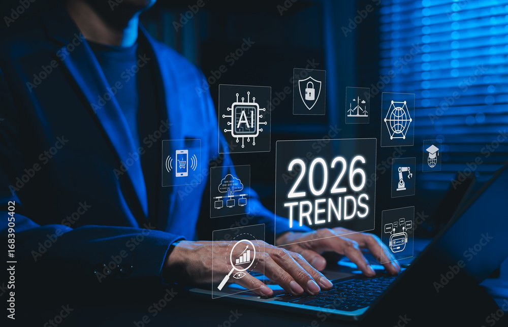 Poster 2026 business trends and future technology innovation. futuristic concept of 2026 trends with icons 