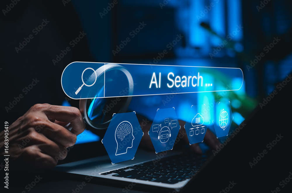 Poster ai search engine technology concept. person using laptop with ai-powered search bar interface and di