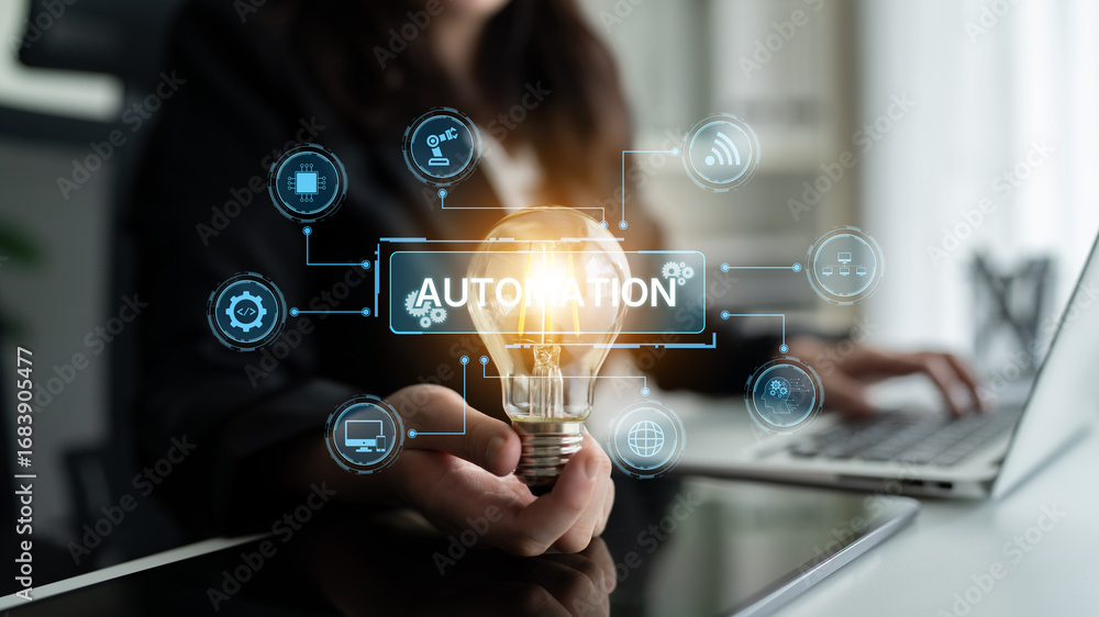 Poster modern automation drives workflow efficiency by connecting systems, people, and data. with intellige