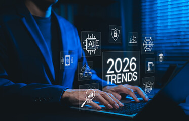 2026 Business Trends and Future Technology Innovation. Futuristic concept of 2026 trends with icons for AI, blockchain, digital security, robotics, cloud computing and global tech innovation emerging.