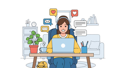 Colorful vector illustration of a young woman using a laptop with headphones at home, chatting online, surrounded by plants, coffee, and a cat, symbolizing digital communication and remote lifestyle
