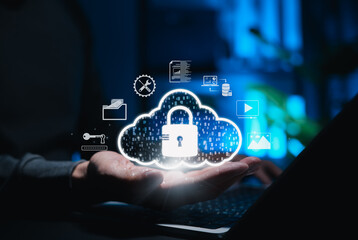 Cloud Security and Data Protection Concept. Man holding cloud security with a glowing lock icon,...