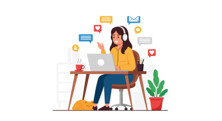 Colorful vector illustration of a young woman using a laptop with headphones at home, chatting online, surrounded by plants, coffee, and a cat, symbolizing digital communication and remote lifestyle