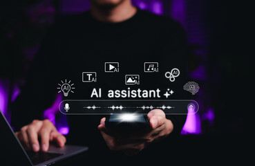 AI Assistant Technology Concept. Person using smartphone to interact with an AI voice assistant, digital icons representing artificial intelligence features like text, image, video and automation.