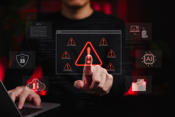 System Warning Alert for Cybersecurity Threat and AI Risk. Person interacting with red warning icon on digital screen surrounded by cyber security and AI symbols, indicating system alerts, data risks,