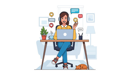 Colorful vector illustration of a young woman using a laptop with headphones at home, chatting online, surrounded by plants, coffee, and a cat, symbolizing digital communication and remote lifestyle