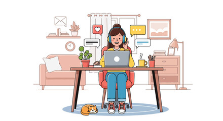 Colorful vector illustration of a young woman using a laptop with headphones at home, chatting online, surrounded by plants, coffee, and a cat, symbolizing digital communication and remote lifestyle