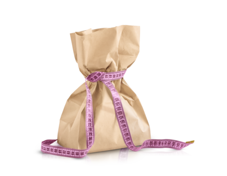 brown grocery bag is tied with a pink measuring tape. the image is highlighted on a transparent background. the concept of fighting excess weight and overeating