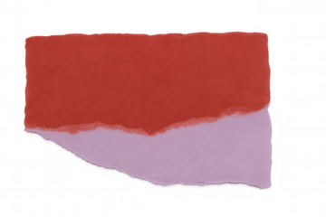 Torn red paper layering purple sheet, creating textured vibrant color contrast on transparent surface