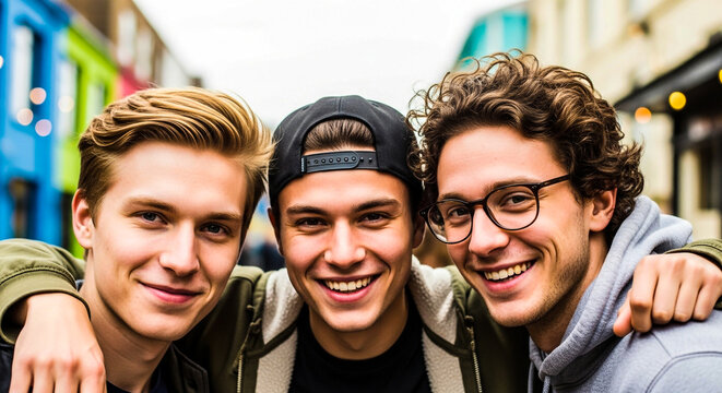 Three young men smiling together in urban setting portrait of friends having fun and enjoying friendship