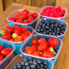 Fresh berries in plastic containers on a wooden table