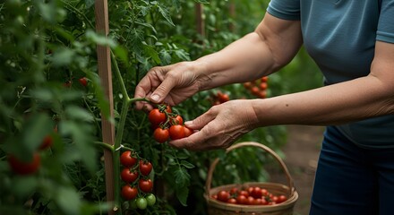 picking ripe tomatoes in garden
