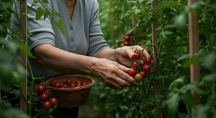 picking ripe tomatoes in garden