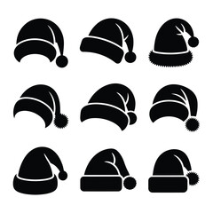 Santa Hat Silhouettes Vector Set – Black Christmas Hat Clipart Collection for Holiday Crafts, Cards, and Seasonal Designs