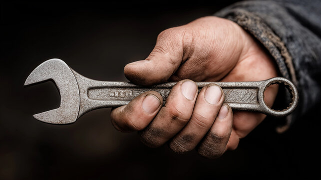 
A strong hand gripping a metal wrench against a solid black background, showing firmness, precision, hard-work energy, and industrial mechanical focus.