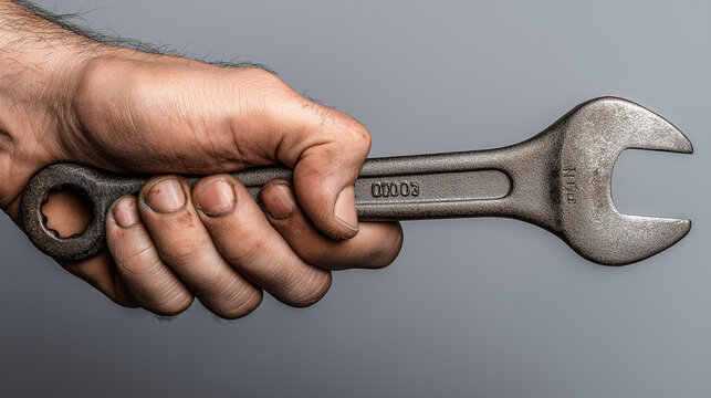 
A strong hand gripping a metal wrench against a solid black background, showing firmness, precision, hard-work energy, and industrial mechanical focus.
